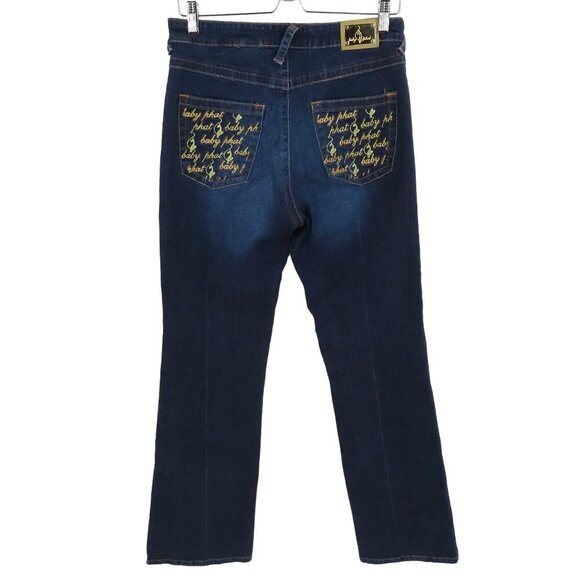 Baby Phat Womens 14 Dark Blue Gold Embroidered Cat Denim Jeans Cotton Blend Y2K - Picture 1 of 15